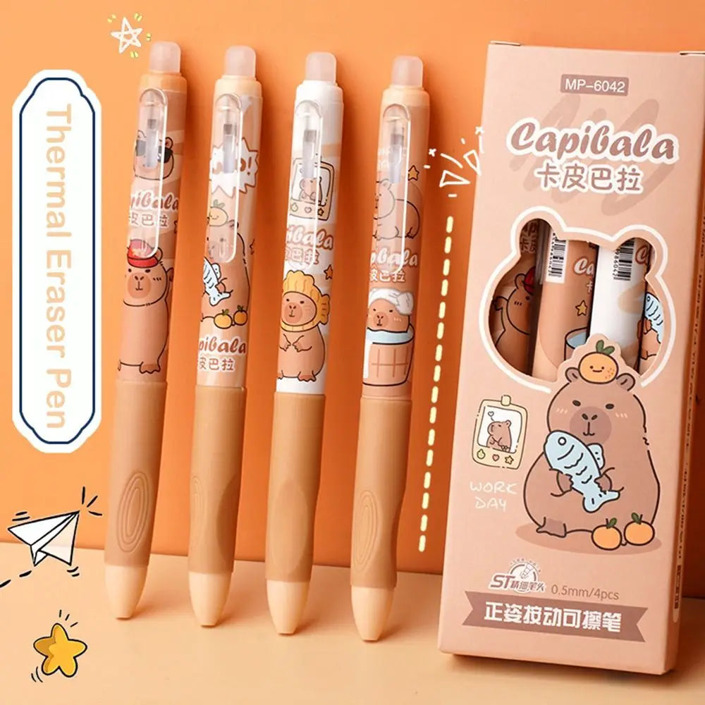Cute Capybara & Panda Erasable Gel Pens – 4-Pack Blue & Black Ink | 0.5mm Fine Tip