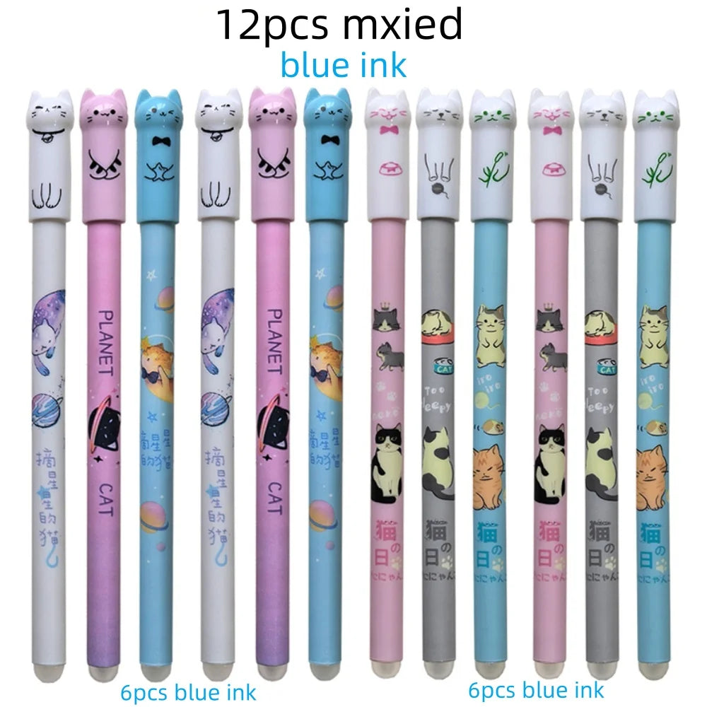 Cute Cat Erasable Gel Pen Set – 6 or 12 Pens | 0.5mm Blue Ink for School & Office