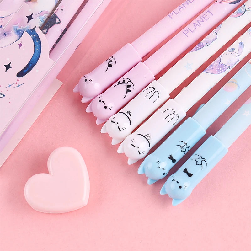 Cute Cat Erasable Gel Pen Set – 6 or 12 Pens | 0.5mm Blue Ink for School & Office