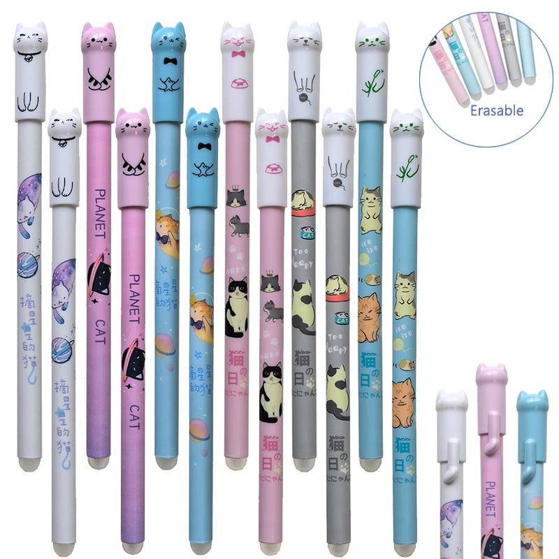 Cute Cat Erasable Gel Pen Set – 6 or 12 Pens | 0.5mm Blue Ink for School & Office