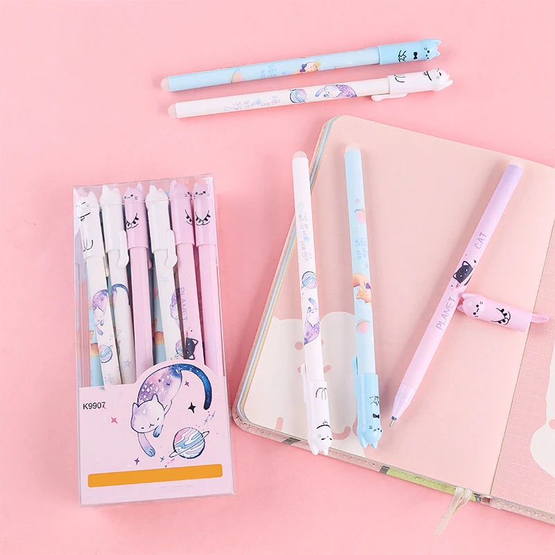 Cute Cat Erasable Gel Pen Set – 6 or 12 Pens | 0.5mm Blue Ink for School & Office