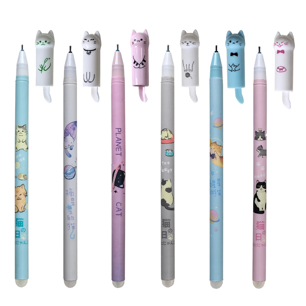 Cute Cat Erasable Gel Pen Set – 6 or 12 Pens | 0.5mm Blue Ink for School & Office
