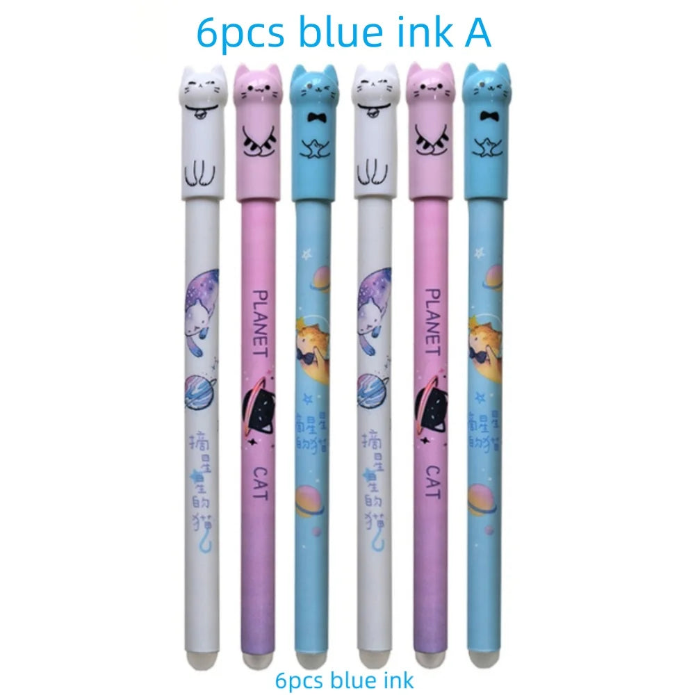 Cute Cat Erasable Gel Pen Set – 6 or 12 Pens | 0.5mm Blue Ink for School & Office