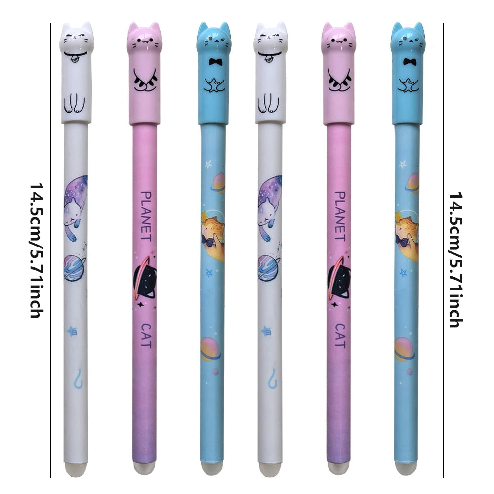 Cute Cat Erasable Gel Pen Set – 6 or 12 Pens | 0.5mm Blue Ink for School & Office