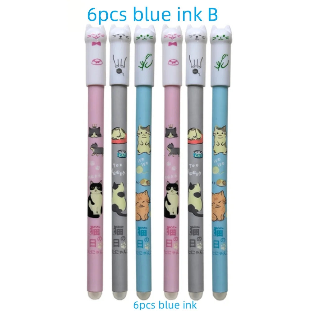 Cute Cat Erasable Gel Pen Set – 6 or 12 Pens | 0.5mm Blue Ink for School & Office