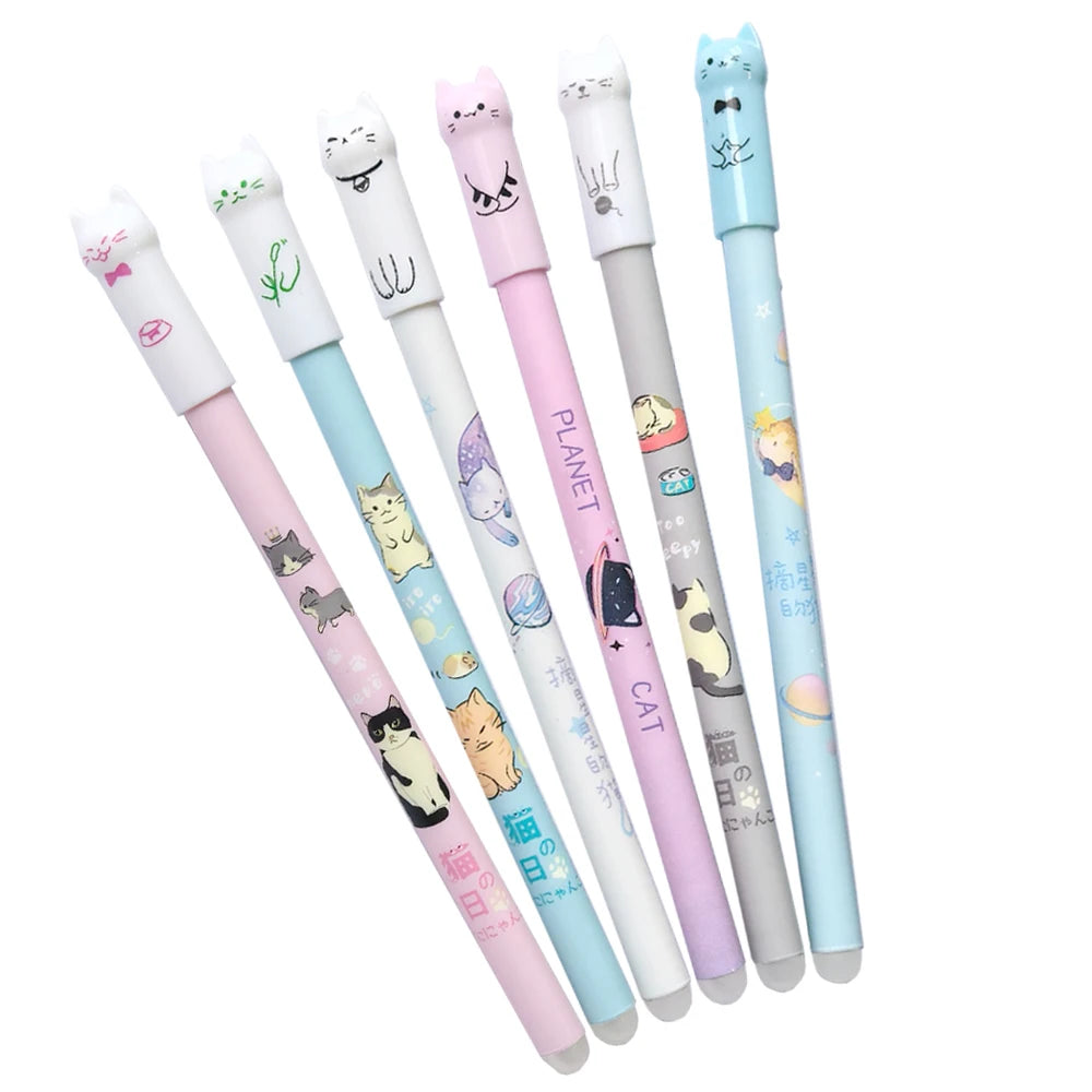Cute Cat Erasable Gel Pen Set – 6 or 12 Pens | 0.5mm Blue Ink for School & Office