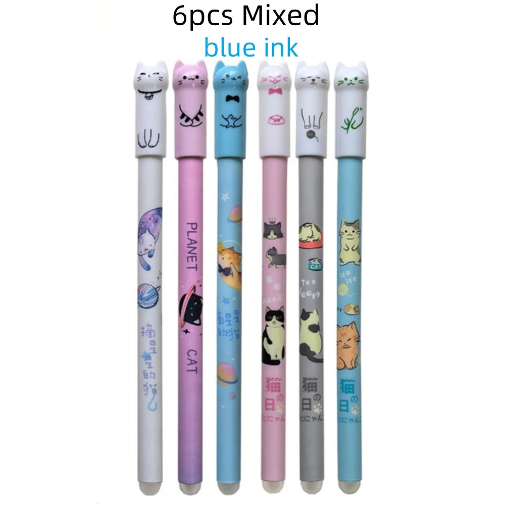 Cute Cat Erasable Gel Pen Set – 6 or 12 Pens | 0.5mm Blue Ink for School & Office
