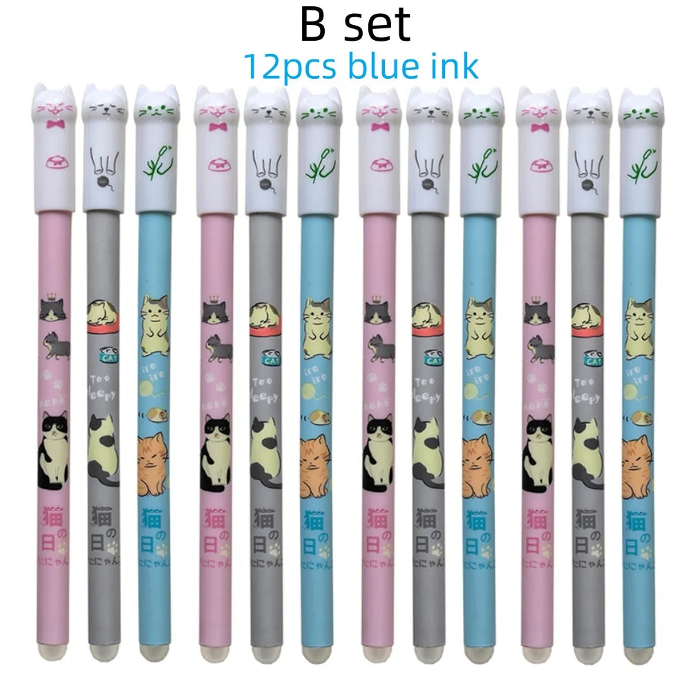 Cute Cat Erasable Gel Pen Set – 6 or 12 Pens | 0.5mm Blue Ink for School & Office