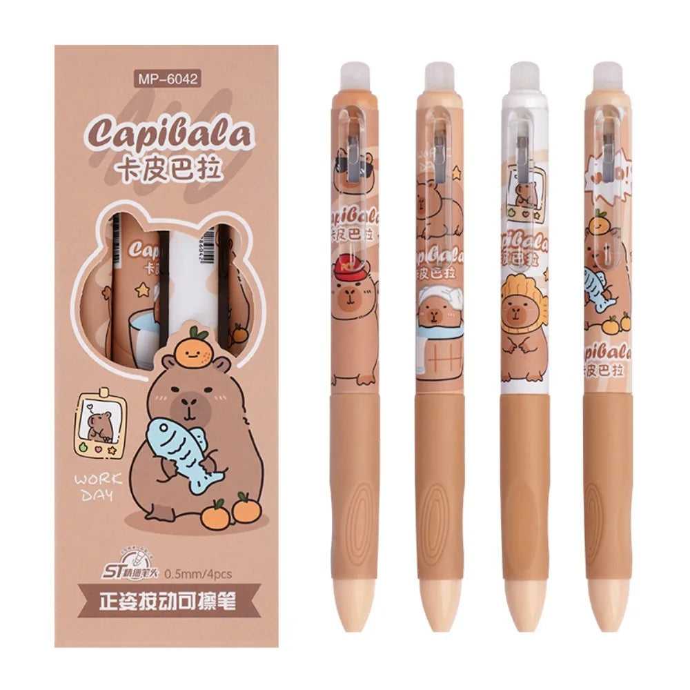 Cute Capybara & Panda Erasable Gel Pens – 4-Pack Blue & Black Ink | 0.5mm Fine Tip
