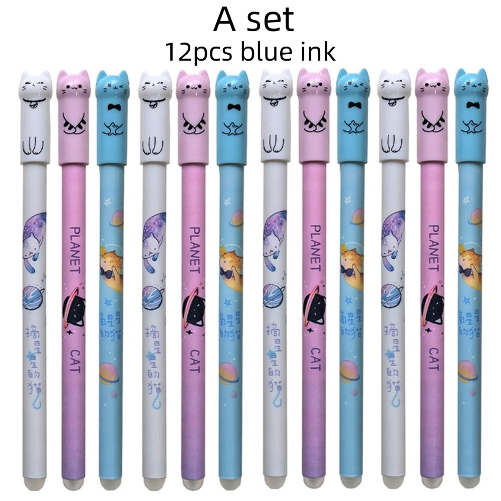 Cute Cat Erasable Gel Pen Set – 6 or 12 Pens | 0.5mm Blue Ink for School & Office